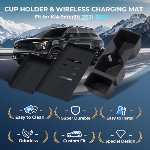 Cup Holder Insert & Wireless Charging Protective Mat for KIA Sorento 2026 2025 2024 2023 2022 2021, Interior Accessories Cup Holder & Wireless Charger Cover Pad for 2021-2026 Sorento, Black - style: Fits for 2021-2026 Sorento