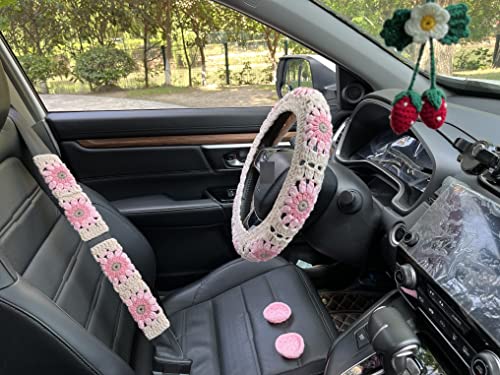 Crochet Sunflower Car Steering Wheel Covers Light Pink Universal 14-15 inch for Women/Men (Wheel Covers+2belt Covers+2Car Coasters+Strawberry) - color: Wheel Covers+2belt Covers+2Car Coasters+Strawberry