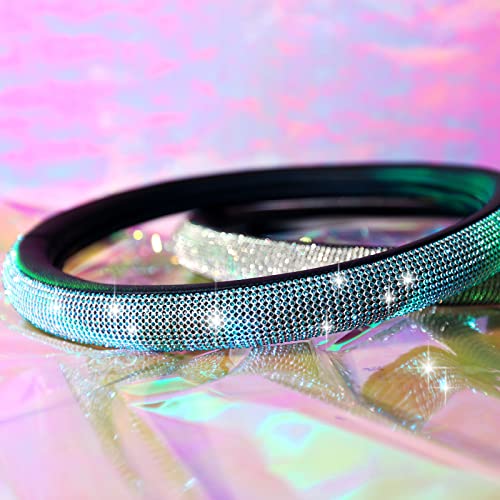 CAR PASS Mint Diamond Black Leather Steering Wheel Cover, Bling Blue Crystal Rhinestones Universal Fit 14"1/2-15" Crystal Glitter for Women Sparkle Girl Fit Suvs,Vans,Sedans,Cars,Trucks, Mint Diamond - color: Mint Diamond