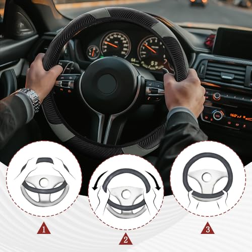 Car Steering Wheel Cover, Steering Wheel Protector, Universal 14.5-15 Inch Microfiber Leather Breathable Auto Steering Wheel Covers, Carbon Fiber Steering Wheel Cover for Women Men (Gray) - color: Gray
