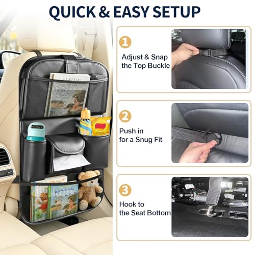 1 Pack Backseat Car Organizer with Foldable Tray Table, PU Leather Seat Back Organizer with Tablet Holder, Large Storage Pockets, Waterproof Kick Mat & Seat Back Protector for Cars, SUVs & Minivans - size: 1 Pack