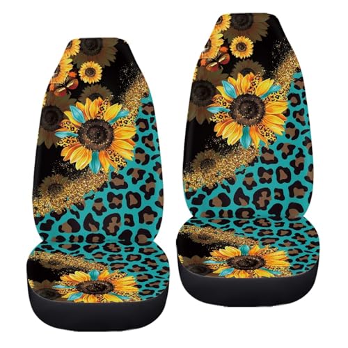 Car Seat Covers Sets for Women Leopard Sunflower Auto Saddle Blankets Seat Cover High Back Bucket Seat Cover Universal Fit for Most Cars SUVs Trucks Vans - color: Leopard Sunflower