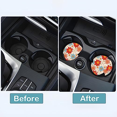 Car Cup Holder Coasters, 2 Pack – 2.75" Universal Auto Anti-Slip Insert Coaster, Rubber Car Coasters, Personalized Car Accessories for Women (Retro Daisy) - color: Retro Daisy