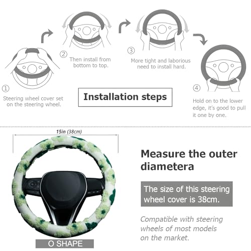 Green Plush Flowers Steering Wheel Cover Auto Jacquard Steering Wheel Protector, Anti-Slip, Breathable, Absorbing Sweat, Universal Car Accessories 14.5–15 inch,Fit for Most Car, Trucks, SUV - style: Green Plush Flowers