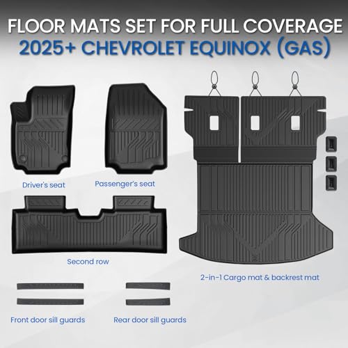 Floor Mats & Cargo Mat with Backrest Mat for 2025-2026 Chevy Equinox(Only Gas)/GMC Terrain, Door Sill Guards, All Weather TPE Car Floor Liners Trunk Mat Accessories for Chevrolet Equinox