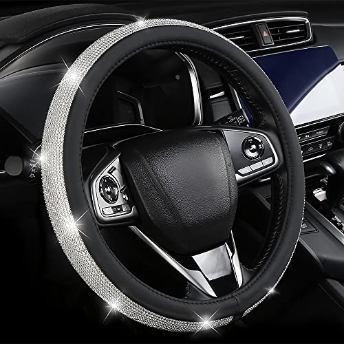 Bling Diamond Leather Steering Wheel Cover, Pink Steering Wheel Covers for Women Girls with Crystal Rhinestones, Universal Fit 14.5-15 Inch Car Steering Wheel Bling Cover Accessories - color: Black