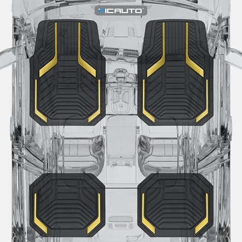 PIC AUTO Heavy Duty Rubber Floor Mats, Yellow Aluminum Film Car Mats Set, Front and Rear Car Mats with Anti-Slip Backing, All Weather Protection, Trim-to-Fit for Automotive SUV, Sedan, Van - color: Yellow