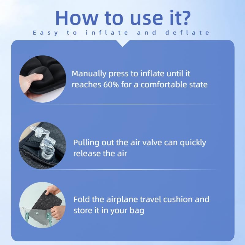 Travel Seat Cushion for Airplane, Inflatable Press to Inflate No Pump, 49 Air Cells Coccyx & Tailbone Pain Relief Cushion for Car Wheelchair, with 3D Eye Mask - size: Large