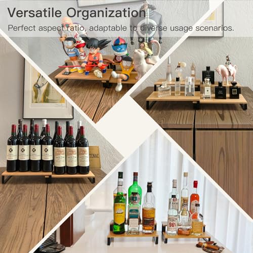 2-Tier Expandable Coffee Mug Holder for Cabinet, Black Metal & Bamboo Cup Organizer Rack, Kitchen Counter Shelf for Spices & Tea, Coffee Bar Accessories Storage, Sturdy Pantry Insert (Natural)