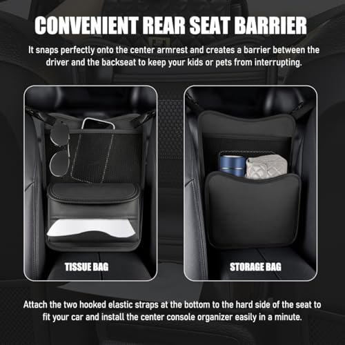Car Organizer Storage Between Seats, Nappa Leather Front Seat Storage Bag with Tissue Holder, Automotive Console Hanging Net Pocket Handbag Holder for Phone Document (Black)