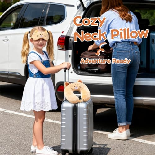 Kids Neck Pillow for Travel with Sleep Eye Mask, Cute Travel Neck Pillow, Memory Foam Flight Sleeping Headrest Pillow for Boys & Girls, Airplane, Train, Car, Home Use - Ginger Cat - color: Ginger Cat