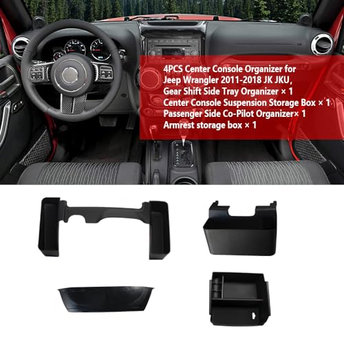 4PCS Center Console Organizer for Jeep Wrangler 2011-2018 JK JKU 2/4 Door, Gear Shift Console Side Tray Organizer, Passenger Side Co-Pilot Organizer, Hanging Armrest Storage Box