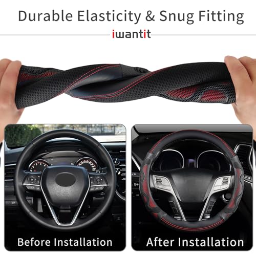 Iwantit® Steering Wheel Cover with 3D Honeycomb Anti-Slip Design and Breathable Fabrics, Universal 14.5-15 Inch (Red/Black) - color: 003-Red/Black