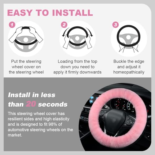 5PCS Fluffy Car Steering Wheel Cover Set, Includes Faux Fur Gear Shift Cover & Handbrake Cover & Steering Wheel Protector & 2 Seat Belt Shoulder Pads, Winter Fuzzy Warm Car Accessories (Pink) - color: Pink