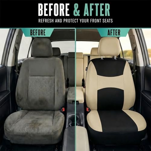 Automotive Seat Covers Beige Black Universal Fit Seat Cover Combo Set with Steering Wheel Cover and Seat Belt Pad (Airbag Compatible and Split Bench) - color: Beige/Black
