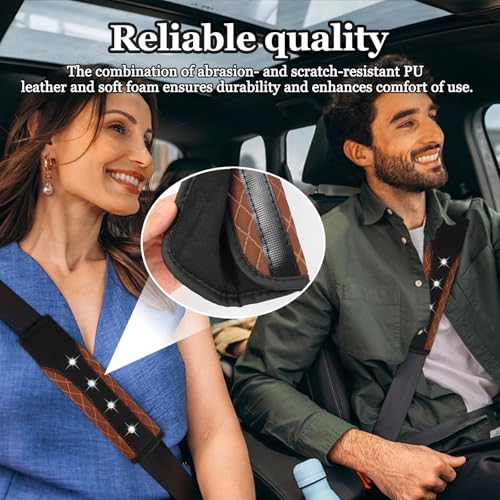 Hovom 2PCS Bling Car Seat Belt Cover Pad, Leather Seatbelt Covers for Cars, Soft Safety Seatbelt Shoulder Strap Covers, Rhinestone Auto Seat Belt Protector Cushion for Women Girls (Coffee) - color: Coffee
