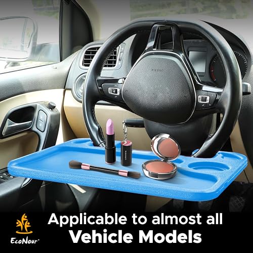 EcoNour 2 in 1 Car Steering Wheel Desk | Steering Wheel Tray for Laptop Car Mount with Pen Holder | Car Food Tray for Eating with Drinks Holder | Multipurpose Travel Car Accessories | Blue - size: Medium-Blue