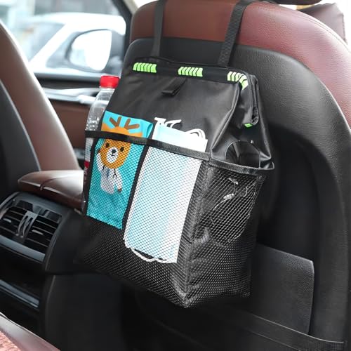 Car Trash Bag, Leak-Proof Large Capacity 3.4 Gallons Hanging Vehicle Trash Bin with Storage Pocket, Multipurpose Portable Auto Garbage Bag for Travel, Universal Fit (Black)
