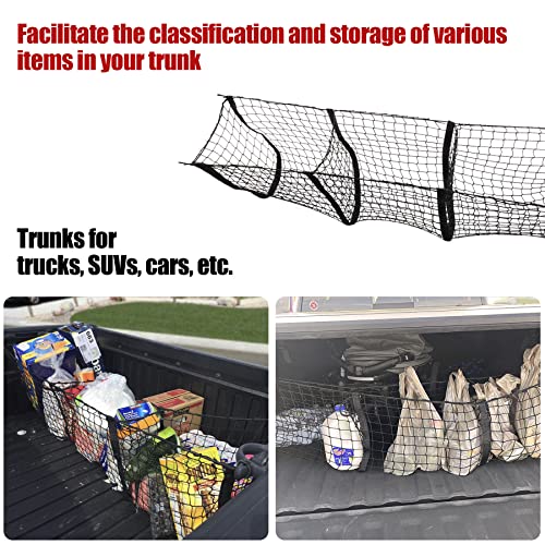 Heavy Duty Mesh Cargo Net, 3 Pocket Trunk Bed Storage Organizer Compatible for SUV, Car, Pickup Truck Bed, Etc.with 4 Metal Hooks (11.8×11.8×47.3 Inch), Black