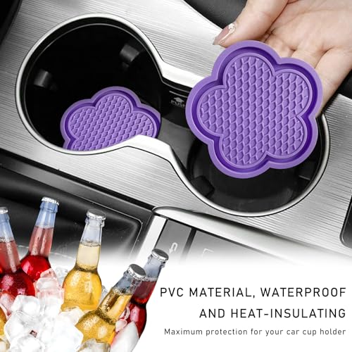 4 PCS Car Cup Coasters, Cute Flower Shaped Car Cup Holder Mat, PVC Waterproof Anti Slip Vehicle Cup Holder Insert Coaster, Universal Car Interior Decor Accessories (Purple)