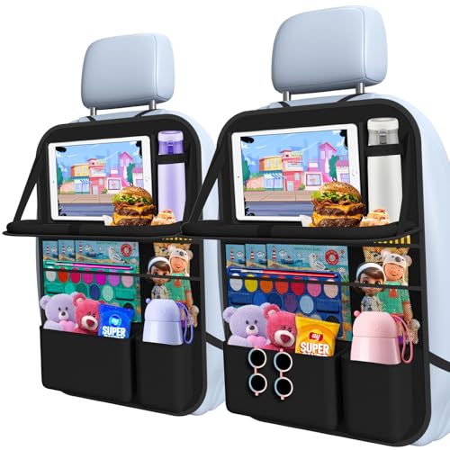 Car Backseat Organizer with table Tray(1Pack) 9 Storage Pockets Backseat Car Organizer with Tablet Holder, Back seat Organizer for Kids Road Trip Essentials Travel - style: 1Pack with Food Tray-Black