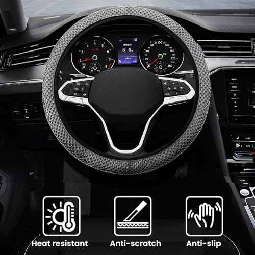 Elastic Stretch Car Steering Wheel Cover, Comfortable Steering Wheel Cover Universal for 14.5-15 Inch, Warm in Winter & Cool in Summer, Anti-Slip Breathable Ice Silk (Gray) - color: Gray
