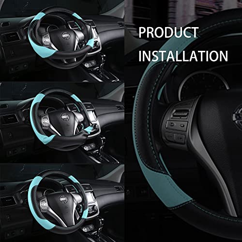 Leather Car Steering Wheel Cover, Non-Slip Car Wheel Cover Protector Breathable Microfiber Leather Universal Fit for Most Cars (Blue) - color: Light Blue