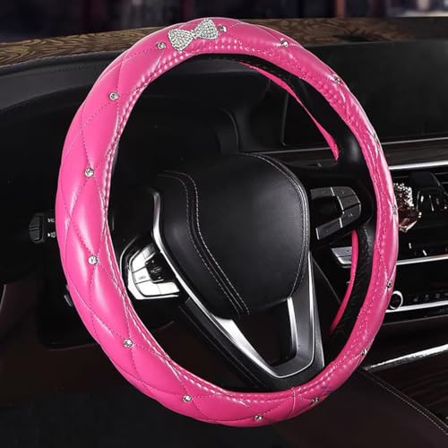 Leather Bling Steering Wheel Cover for Women Car Steering Wheel Protector Anti-Slip Universal Fit 14 1/2-15 inch-Hot Pink with Bow - color: Hot PInk with Bow