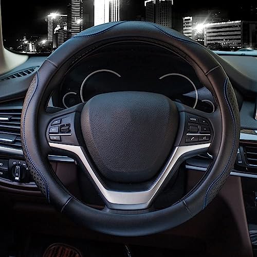 Valleycomfy Leather Steering Wheel Covers Universal 15.75 inch -Breathable, Anti Slip & Odor Free (Black with Blue Lines,L(15" 1/2-16")) - color: Blue, size: L(15"1/2-16")