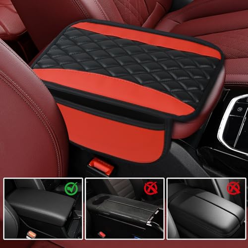wuyaoyao Car Center Console Cover, 12.2"×7.5" Waterproof Leather Auto Armrest Cover Protector with Side Pockets, Stylish Comfortable Vehicle Arm Rest Box Cushion Pad, Car Accessories (Red) - color: Red