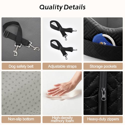 JOEJOY PU Dog Car Seats for Small Medium Dogs, Wipe Clean Waterproof Dog Booster Seat with 2.5 inch Cushion, Thickened 2 inch Memory Foam Pet Car Seats with Safety Belt and Storage Pockets
