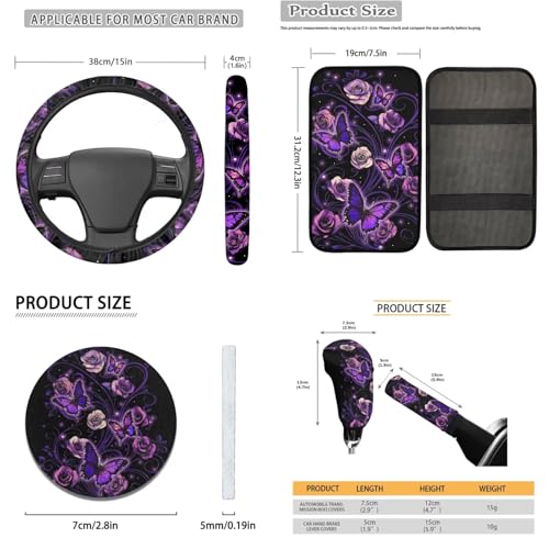 Butterfly Flower Print Car Accessories Sets, Cars Front Back Seat Covers Steering Wheel Covers Safety Belt Cover Arm Rest Covers Head Rest Cover Cup Holder Keychain, Universal Fits, 16 Piece - color: Purple and Black - Butterfly Flower