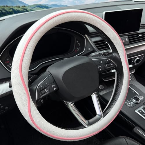 HAOTULE Leather Steering Wheel Cover, with Anti-Slip Stripe Design - Enhanced Grip, Fashion Style, Safe, Non-Slip, Breathable. Upgrade car Interior,White Pink - color: White Pink