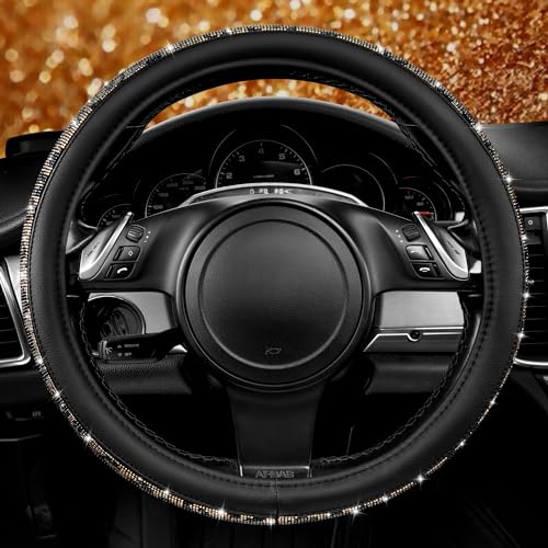 CAR PASS Bling Diamond Steering Wheel Cover Leopard Pattern, Sparkly Crystal Glitter Rhinestones Black Leather Wheel Protect for Women Girl Fit Suvs,Vans,Sedans,Cars,Trucks, 14" 1/2-15" Gold Leopard - color: Leopard Diamond