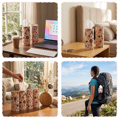 EUOYUFO 200 Sheets Car Tissues with 4 Pack Floral Cylinder Holder Round Portable Travel Tubes Box Container Tissue for Car Cup Holders Home Bathroom Office