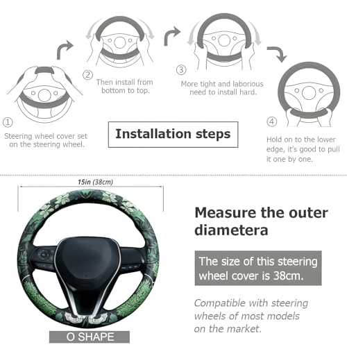Sage Green Floral Steering Wheel Cover Auto Leather Steering Wheel Protector, Anti-Slip, Breathable, Absorbing Sweat, Universal Floral Car Accessories 14.5–15 inch,Fit for Most Car, Trucks, SUV - style: Sage Green Floral