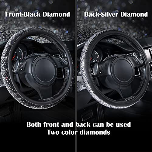 CAR PASS Bling Diamond Leather Steering Wheel Cover, Bling Sparkly Crystal Glitter Rhinestones Universal Fit 14" 1/2-15" Car Wheel Protector for Women Girl Fit Suvs,Vans,Sedans,Trucks, Black Silver - color: Black Silver Diamond