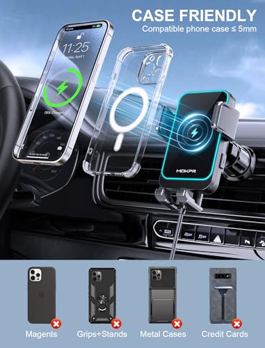Wireless Car Charger, MOKPR 15W Fast Charging Auto Clamping Dashboard Windshield Air Vent Car Phone Holder with LED Light Car Charger for iPhone 16 15/14/13/12 Pro Max Plus, Samsung S23/S22/S21,etc - style: Dashboard
