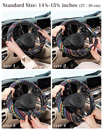 SEG Direct Boho Steering Wheel Cover with Baja Blanket Cloth, Ethnic Style Auto Wheel Cover Made of Coarse Flax, Fits 14 1/2-15 1/4 inches Car Wheel - color: Psychedelic Trip