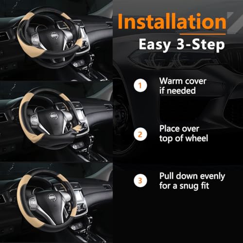 Leather Car Steering Wheel Cover, Non-Slip Car Wheel Cover Protector Breathable Microfiber Leather Universal Fit for Most Cars(Beige) - color: Beige