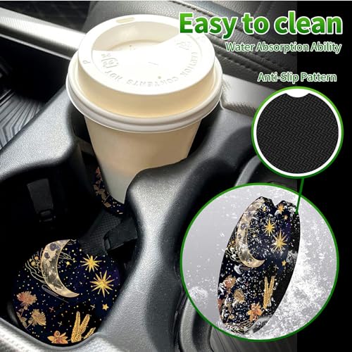 Universal Auto Center Console Pad and 2Pcs Car Coasters Set, Anti Slip Soft Neoprene Car Armrest Seat Box Cover Protector Universal Fit - Car Interior Accessories, Golden Moon Flower - color: 497