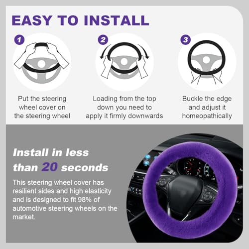 5PCS Fluffy Car Steering Wheel Cover Set, Includes Faux Fur Gear Shift Cover & Handbrake Cover & Steering Wheel Protector & 2 Seat Belt Shoulder Pads, Winter Fuzzy Warm Car Accessories (Violet) - color: Violet