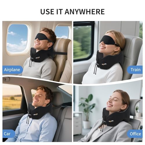 Patented Head-Bobble-preventing Ergonomic 360° Supporting Golden Formula Memory Foam Travel Neck Pillow w/3D Contoured Eye Mask Set Long Trip Sleeping Essentials for Airplane Flight Car Bus
