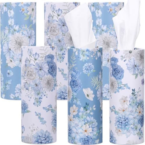 Ctosree Car Tissues Holder with Facial Tissues-6pk- Travel Tissue Tubes Box Container Fit for Car Cup Holder Tissues Floral Cylinder(Blue,White)