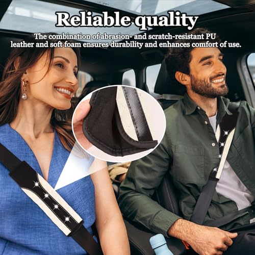Hovom 2PCS Bling Car Seat Belt Cover Pad, Leather Seatbelt Covers for Cars, Soft Safety Seatbelt Shoulder Strap Covers, Rhinestone Auto Seat Belt Protector Cushion for Women Girls (White) - color: White