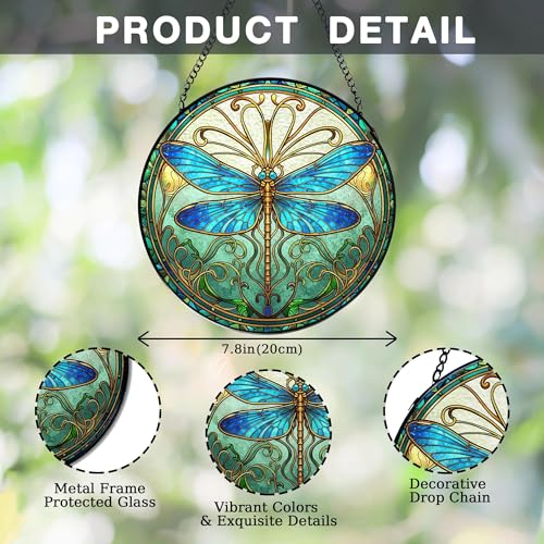 Blue Dragonfly Stained Glass Window Hanging, Dragonfly Suncatcher, Inset and Plant Suncatchers Sun Catchers Indoor Window Glass Wall Art Decor for Women Mom Grandma, 7.9x7.9in