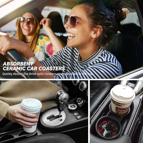 Absorbent Ceramic Car Coasters for Cup Holders, Black Cat Red Flower Design 2.56" Anti Slip Universal Drink Cup Coasters for Women Men (2 Pack) - color: Black Cat Red Flower