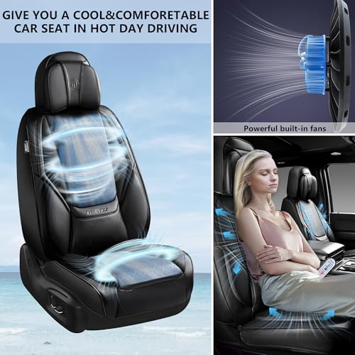 CAR PASS Ventilation Cooling Seat Cover,Luxury Nappa Leather 5 Seat Cover with Vibrate Massage 12V, Lumbar Support, Seat Covers for SUVs,Pickups,Trucks,Vehicles (Solid Black) - color: Black Cooling