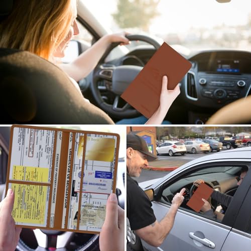 Car Registration & Insurance Card Holder Leather Auto Glove Box Organizer Document Wallet with Magnetic Shut - color: Brown-Upgraded