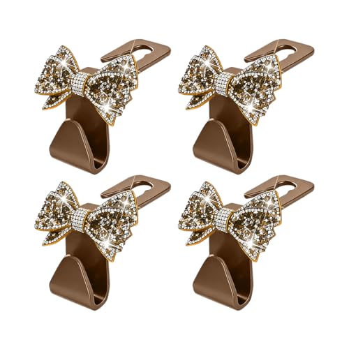 Bling Car Headreat Hook, 2PCS Crystal Rhinestone Cute Bow Vehicle Seat Back Hanger Storage for Purses Bags Grocery, Diamond Auto Rear Seat Organizer, Universal for SUV Truck Sedan (Gold) - style: Gold/4PCS